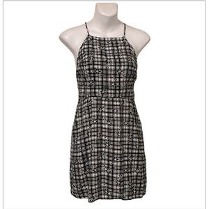Urban Outfitters Backless Strapy Black White Plaid Embroidered Floral Sundress S